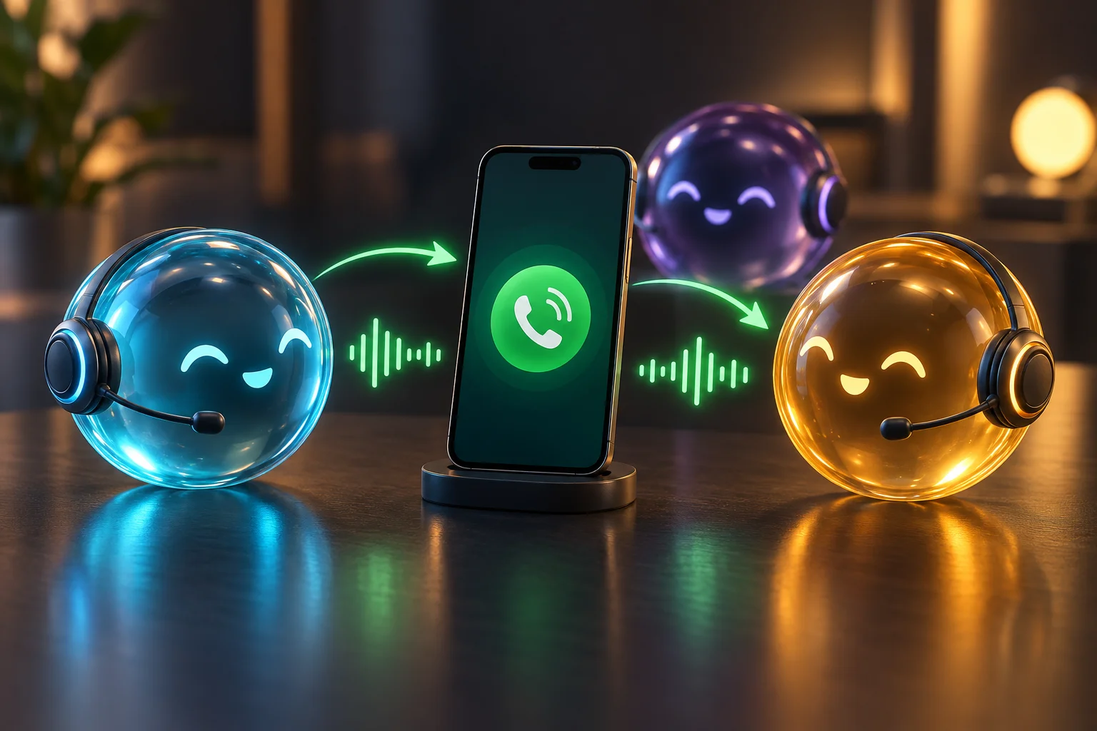 Agenți Agentura în formă de sfere de sticlă, cu căști, lângă un telefon. Săgețile verzi arată apelurile vocale WhatsApp primite și inițiate.