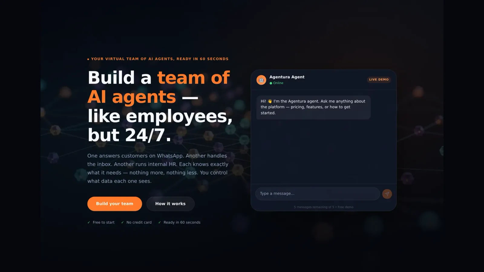The Agentura hero with a live demo chat — build a team of AI agents from one conversation