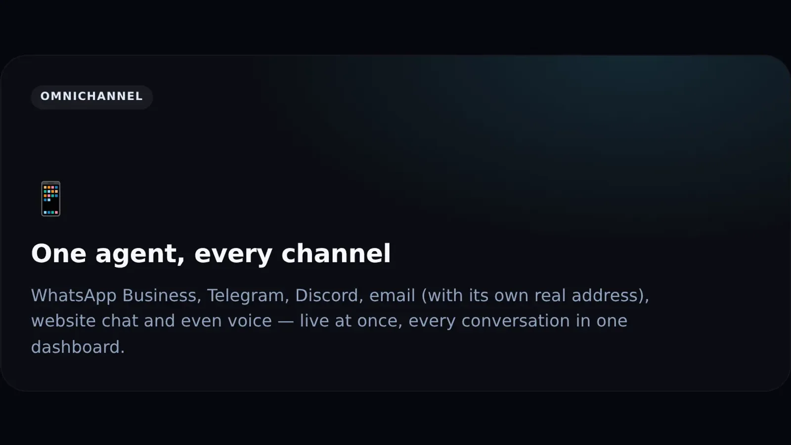 An Agentura feature card describing one agent working across WhatsApp, Telegram, email, website chat and voice