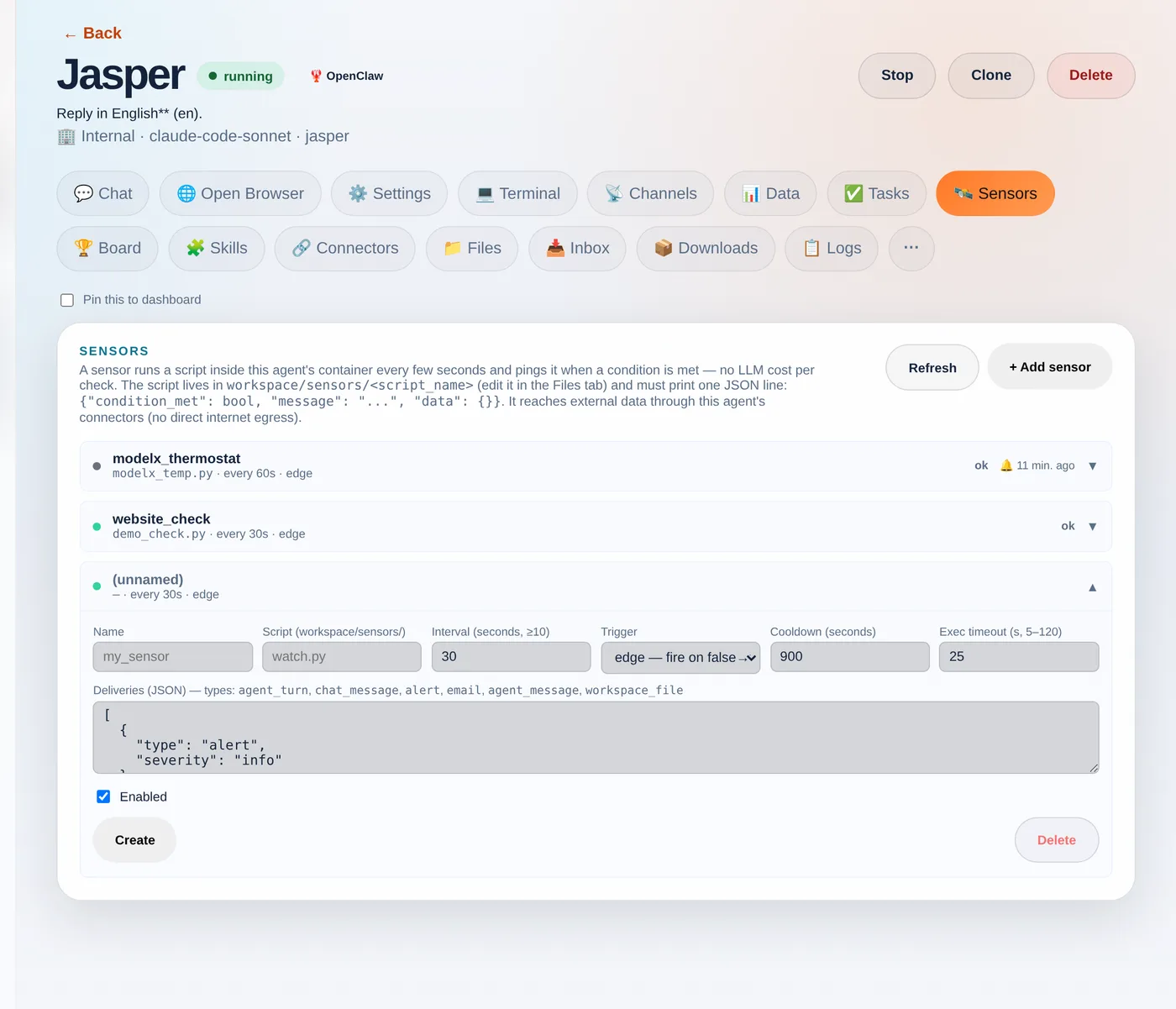 The new-sensor form: point it at your script and choose how it fires.