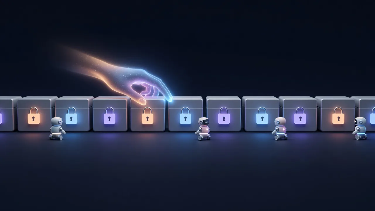 A row of boxes, each with its own glowing padlock, and a hand of light choosing which small robots may approach which box