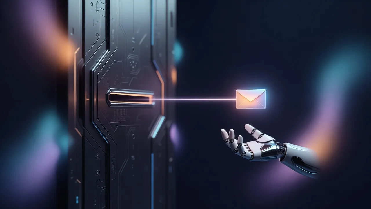 A robot hand receives an envelope of light through a slot in a sealed door, while the key stays behind the door